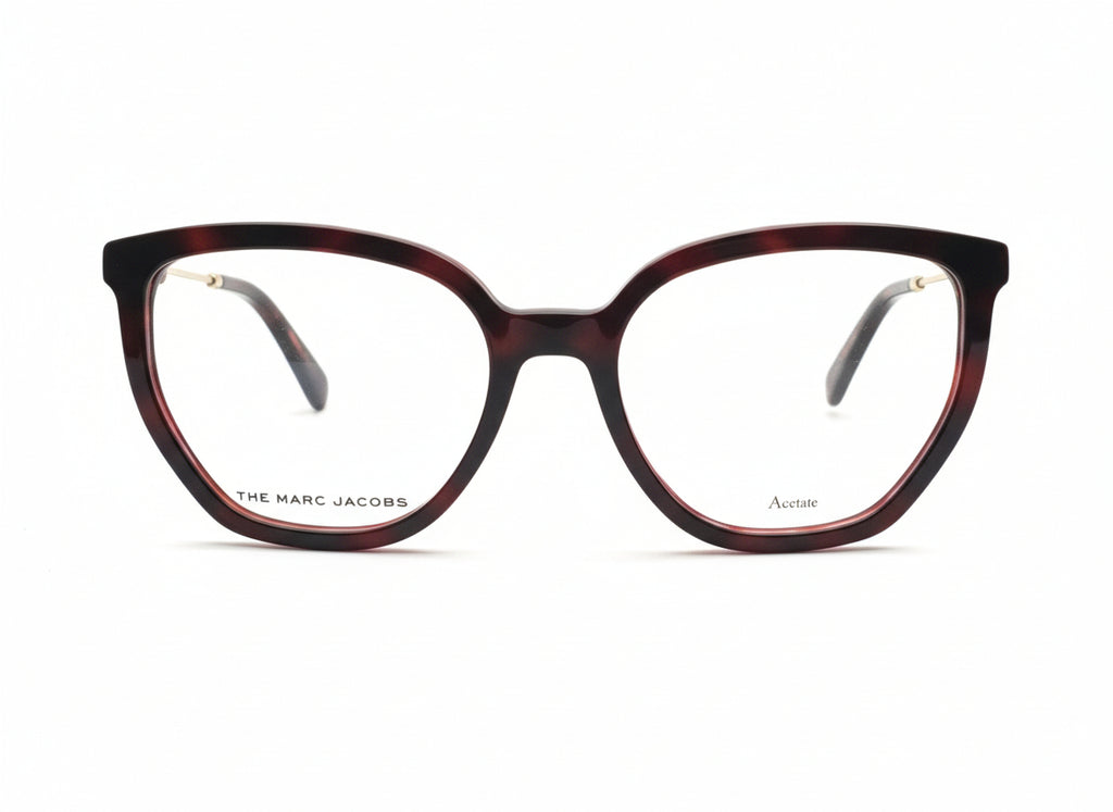 Black and red cat-eye glasses with 'Marc Jacobs' branding on a light gray background