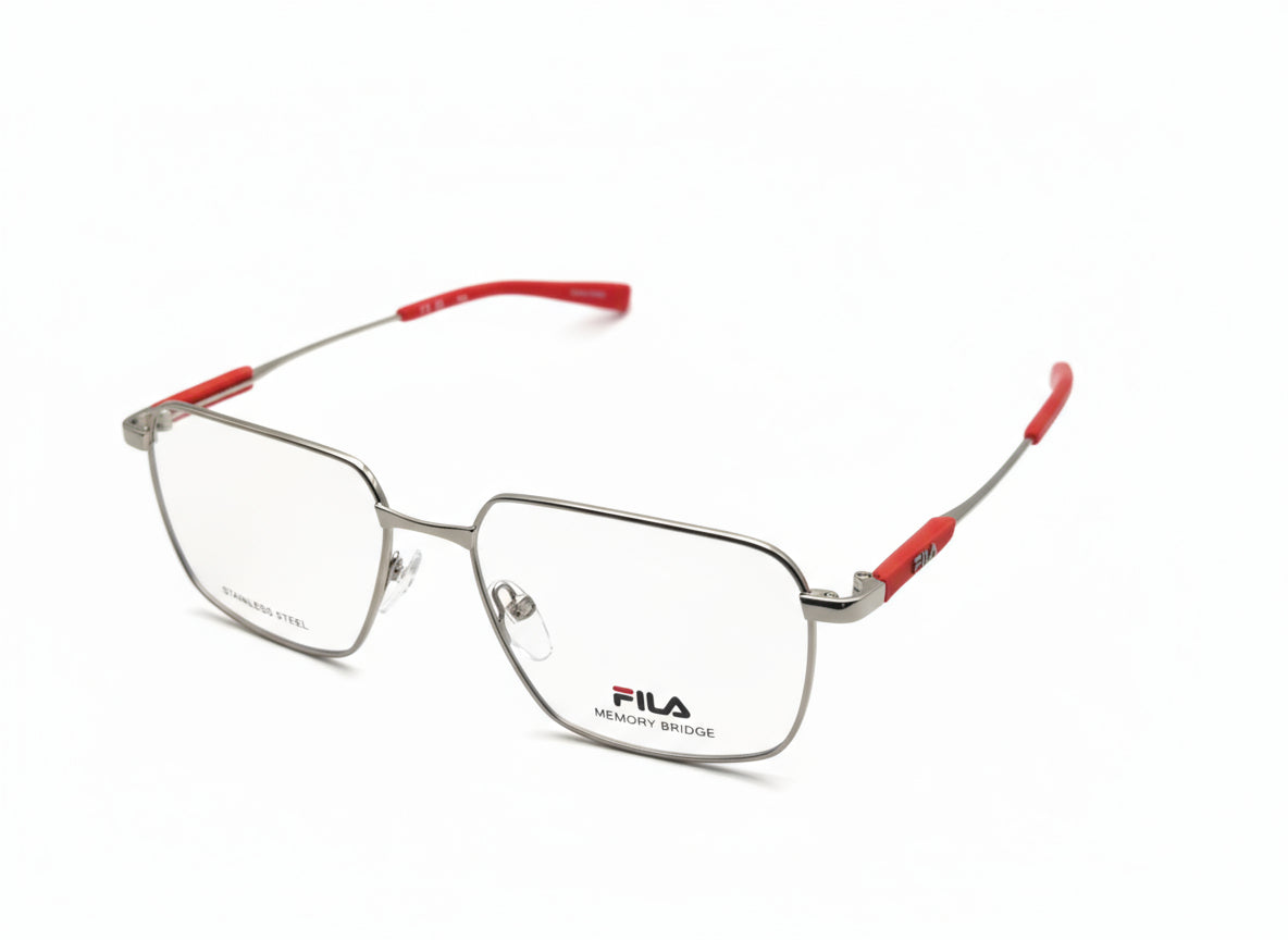 Eyeglasses with red accents on a white background, featuring the Fila logo.