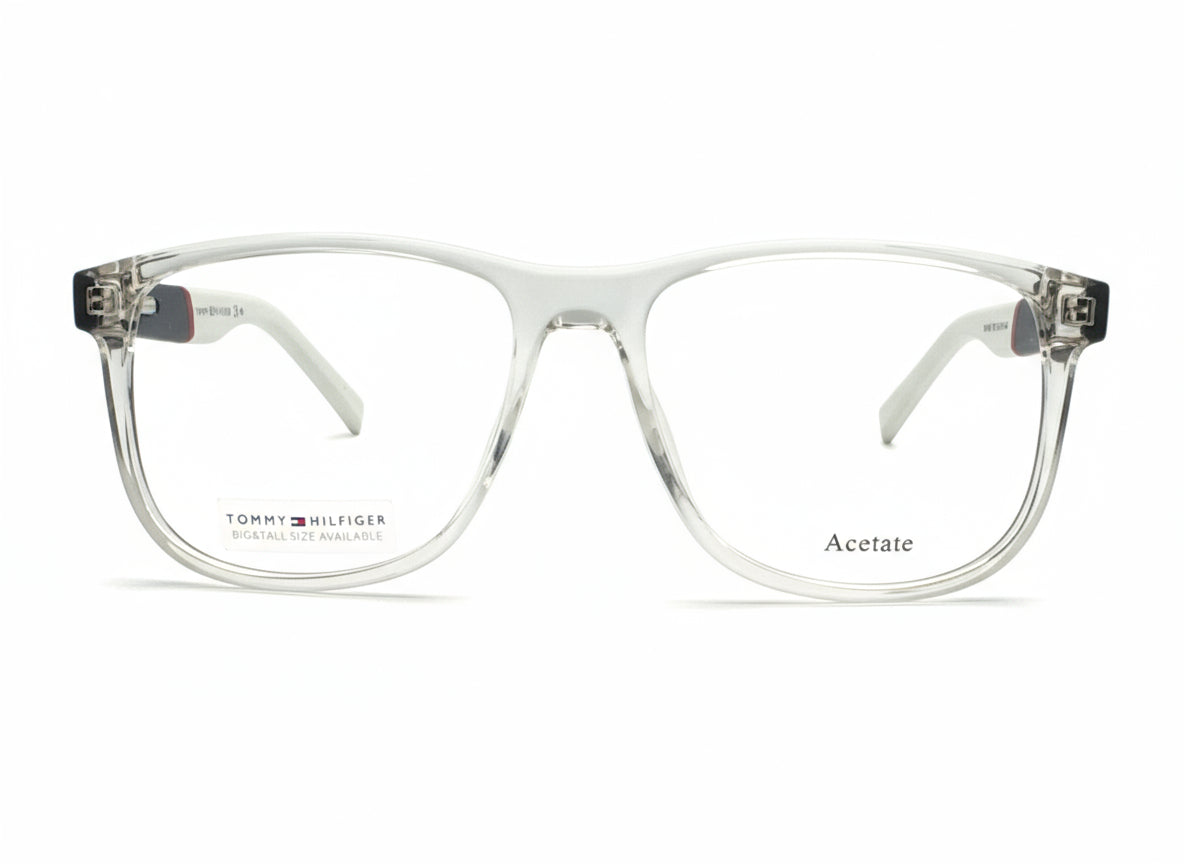 Clear eyeglasses with 'Tommy Hilfiger' branding on a white background