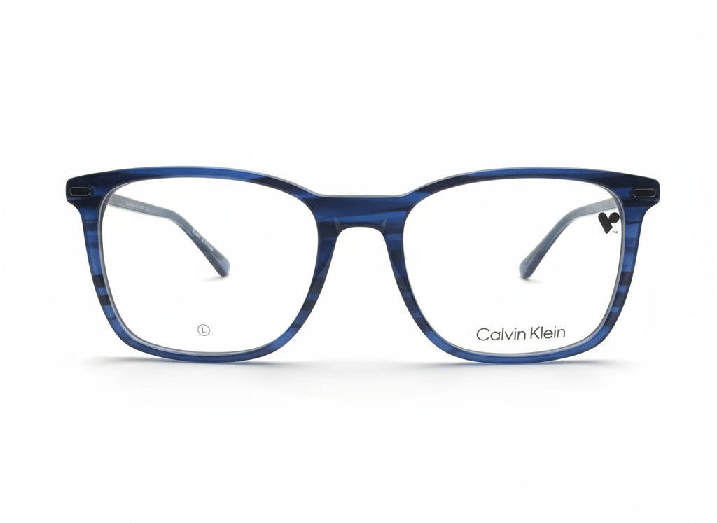Blue Calvin Klein eyeglasses on a white background