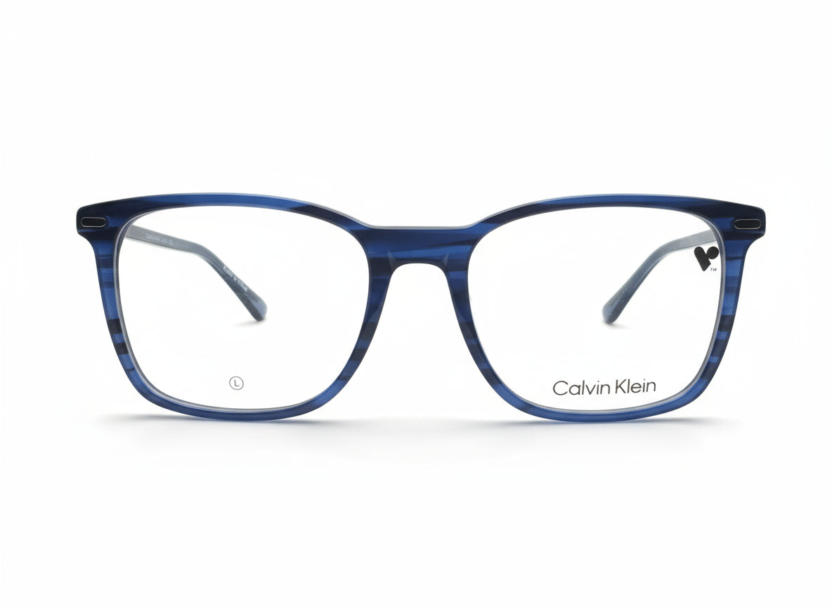 Blue Calvin Klein eyeglasses on a white background