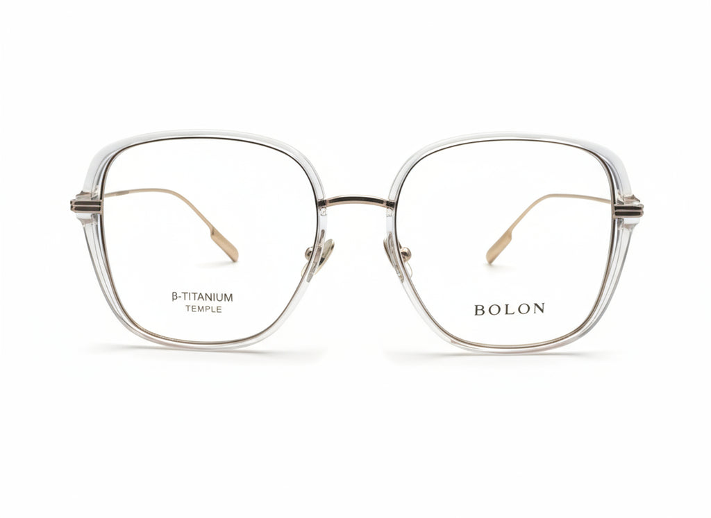 Gold-framed eyeglasses with 'BOLON' branding on a white background