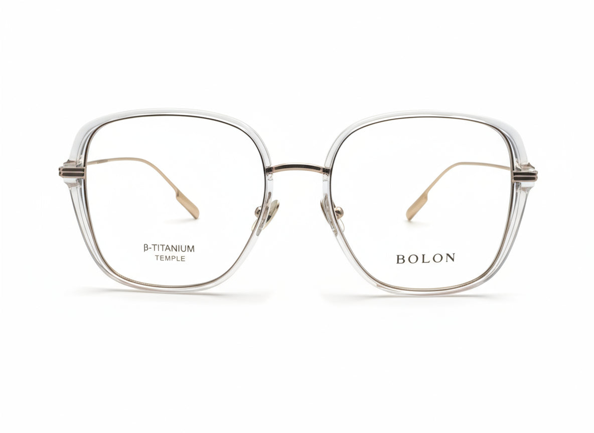 Gold-framed eyeglasses with 'BOLON' branding on a white background