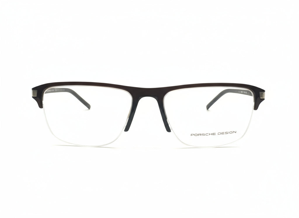 Black eyeglasses with Porsche Design logo on a white background