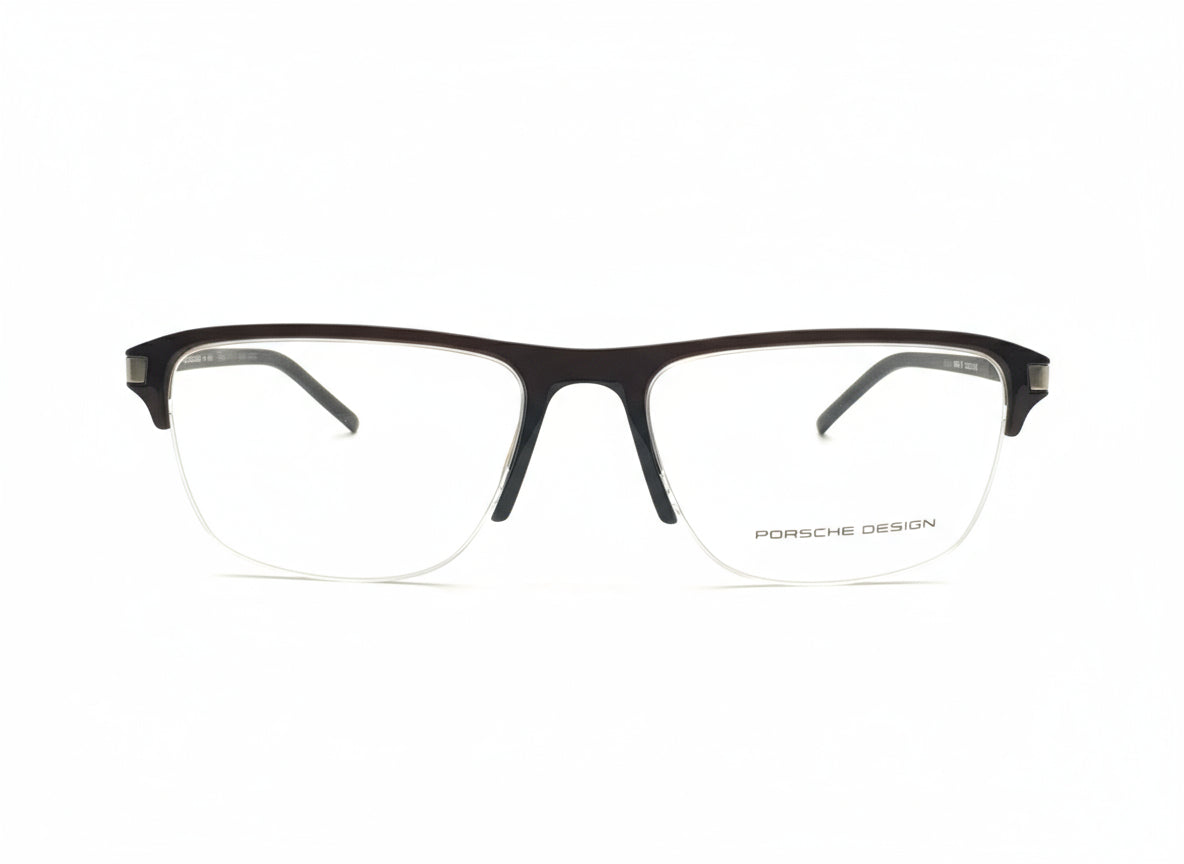 Black eyeglasses with Porsche Design logo on a white background