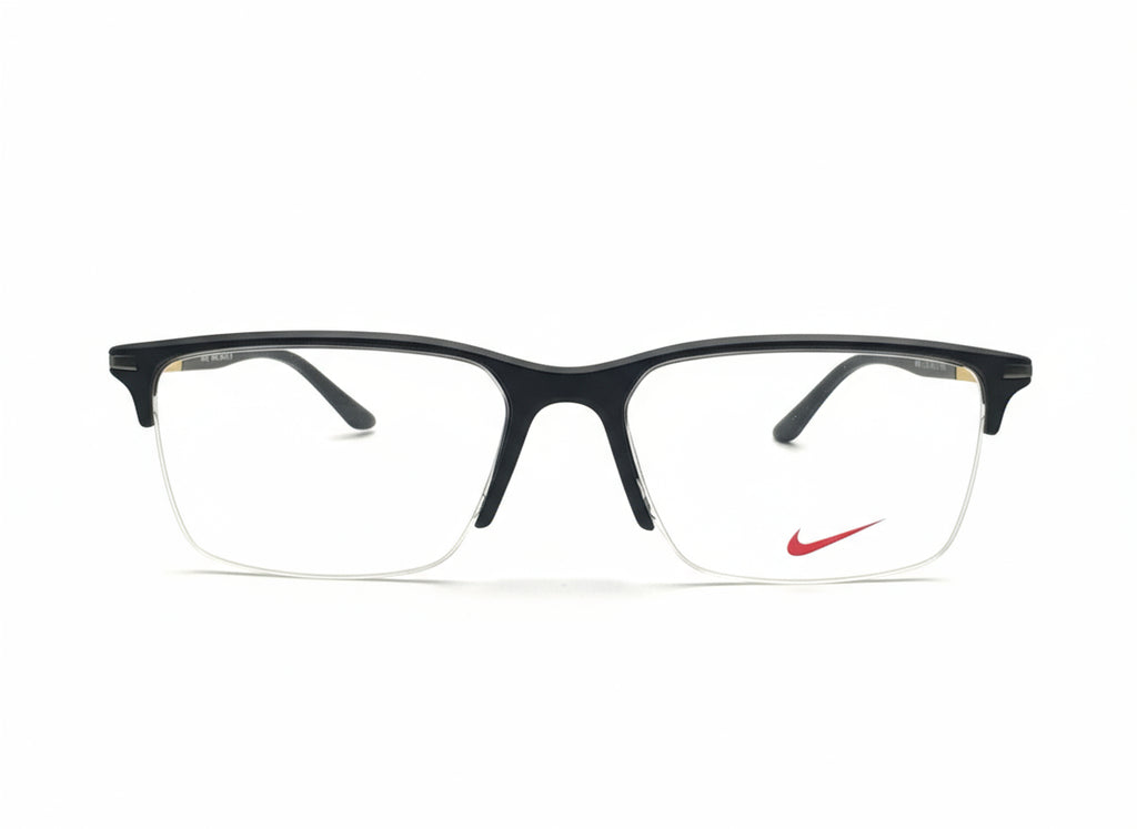 Black eyeglasses with a Nike logo on a white background