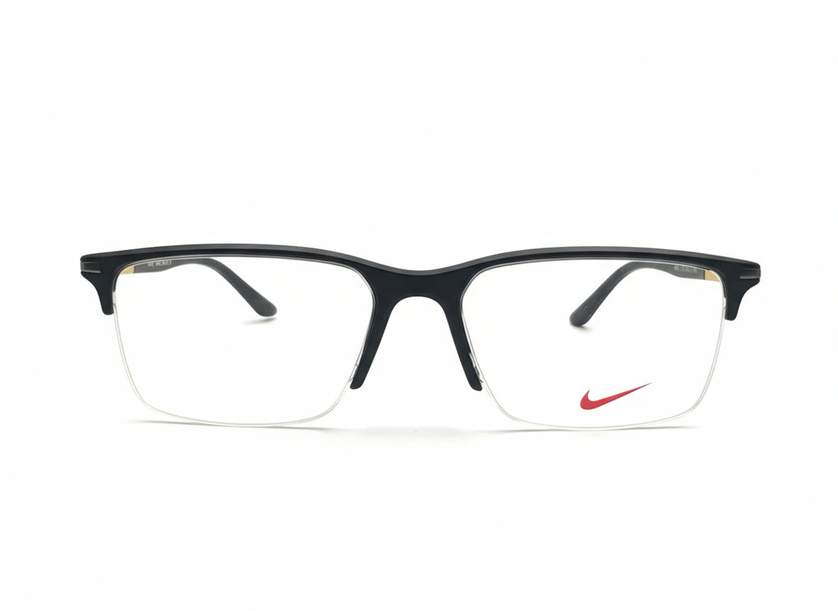 Black eyeglasses with a Nike logo on a white background
